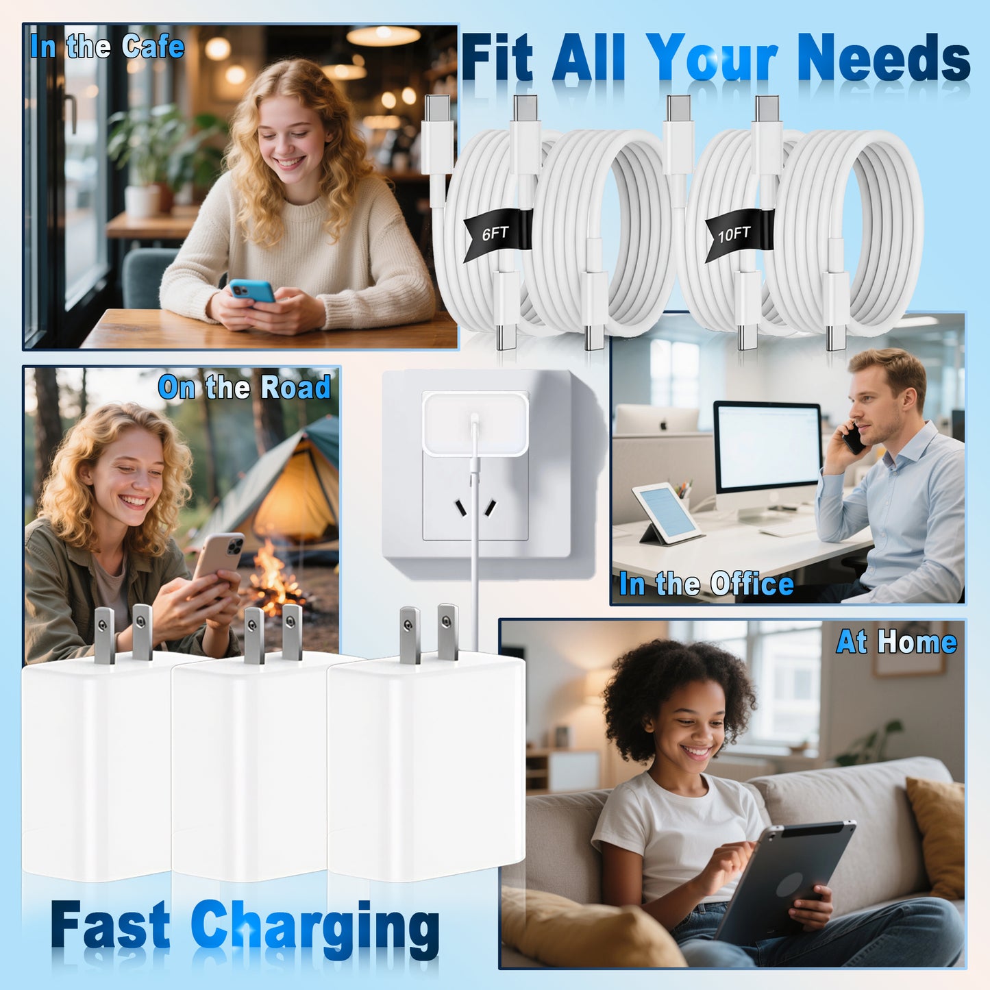 Zevolt USB C Charging Kit, 3 Wall Charger Blocks with 2 Pack 6ft and 2 Pack 10ft USB C to USB C Cables, Fast Charging Bundle