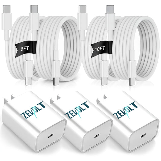 Zevolt USB C Charging Kit, 3 Wall Charger Blocks with 2 Pack 6ft and 2 Pack 10ft USB C to USB C Cables, Fast Charging Bundle